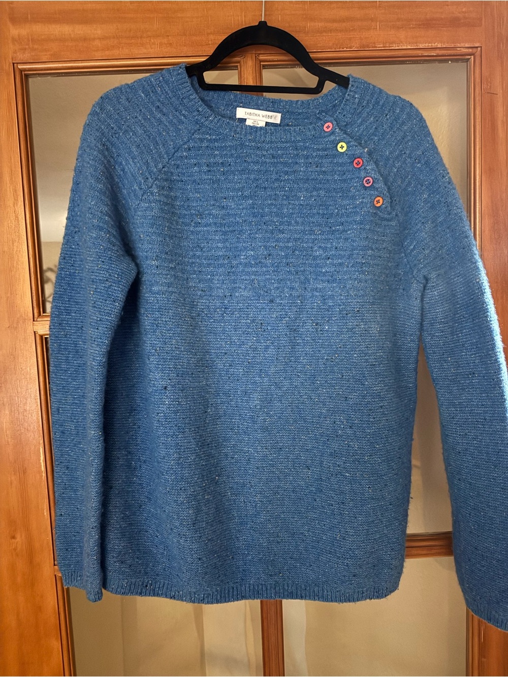 Tabitha Blue Crewneck Sweater with Multicolor Shoulder Buttons